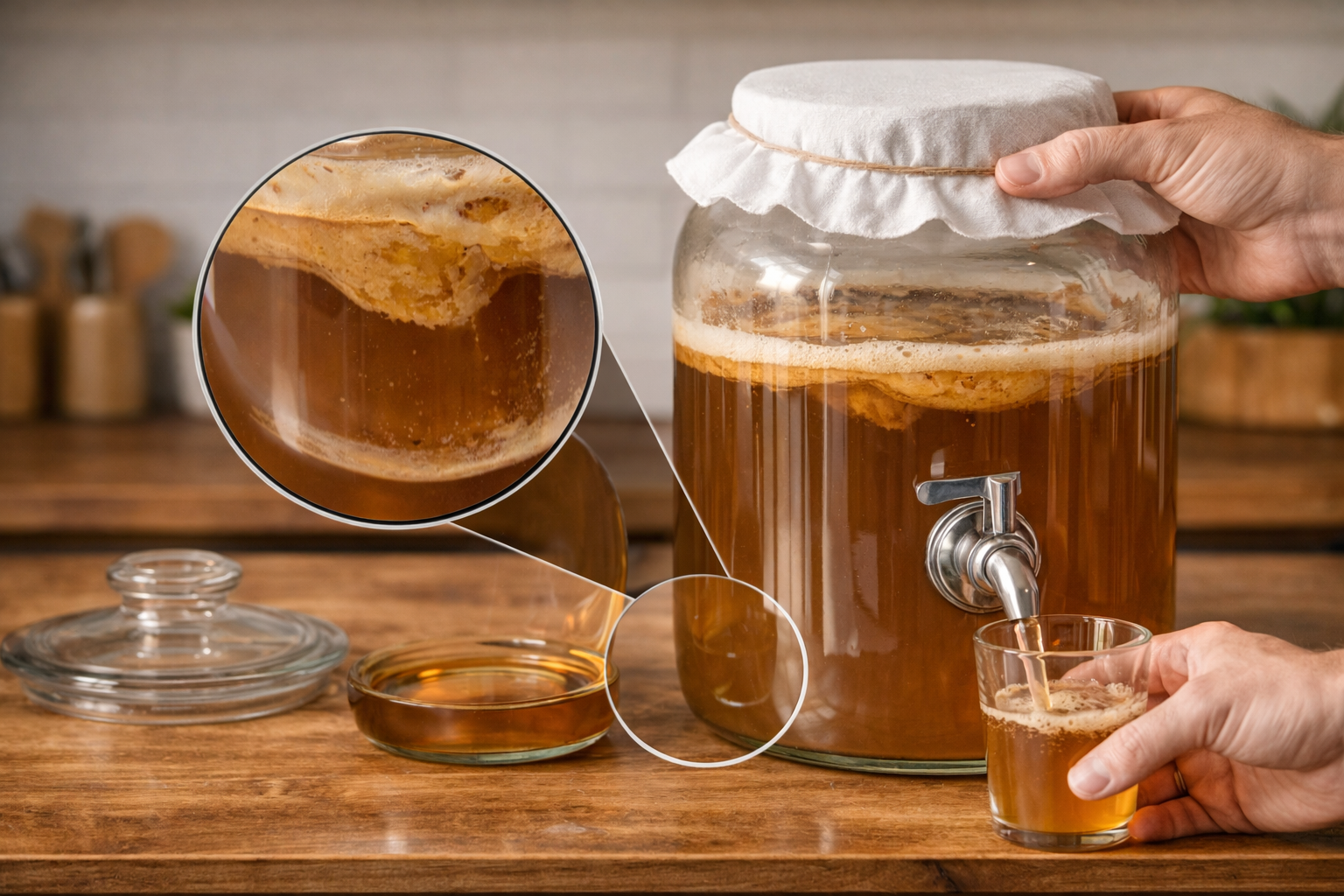 Close-up of a kombucha fermentation jar highlighting the wide mouth, breathable cover, spigot, and stable base
