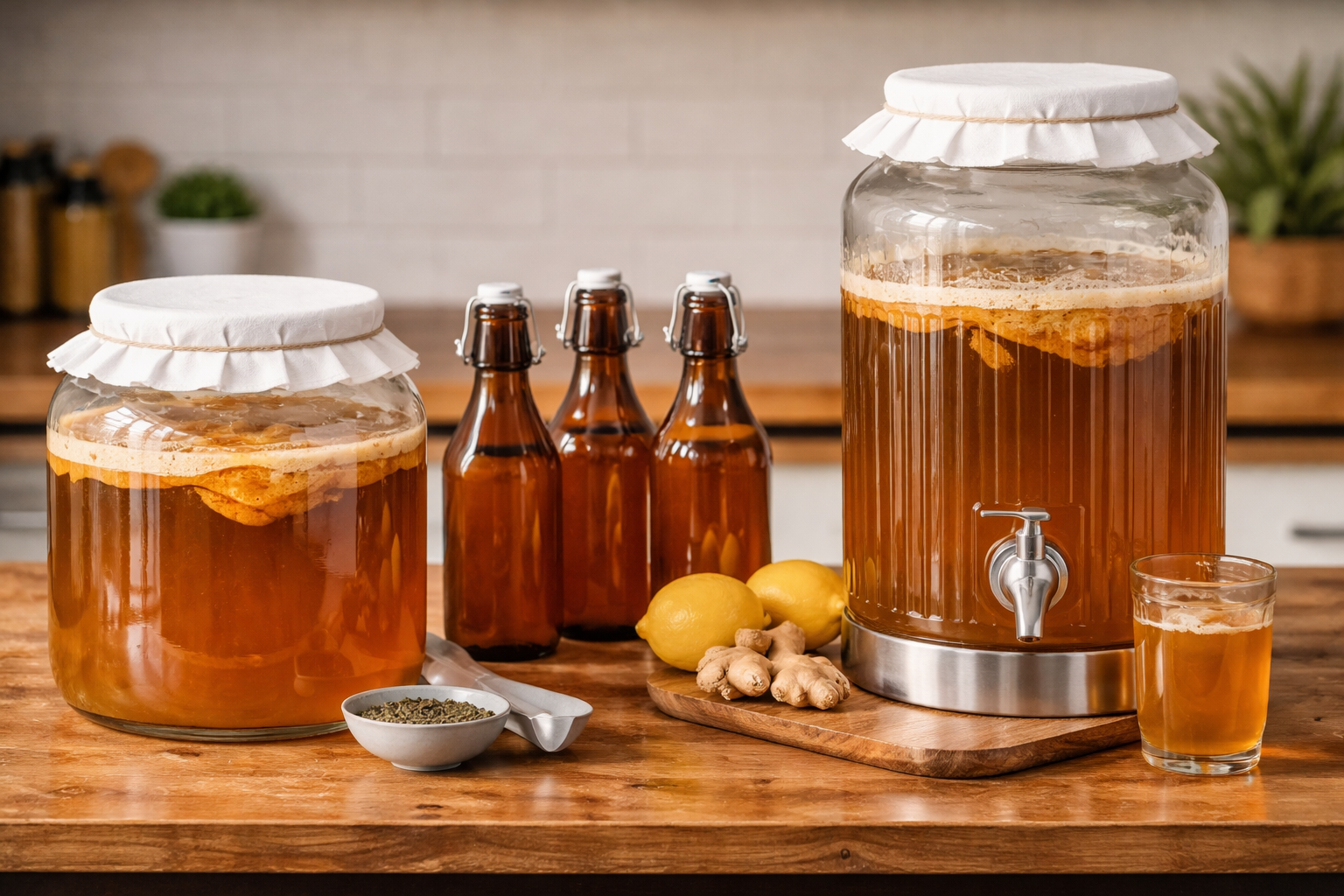 Batch brew kombucha jar beside a continuous brew vessel with spigot on a kitchen counter