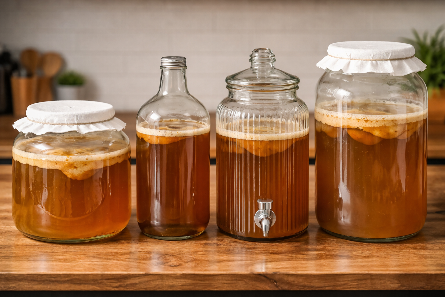 Wide-mouth and narrow-mouth kombucha vessels in different sizes showing opening shape and jar proportions