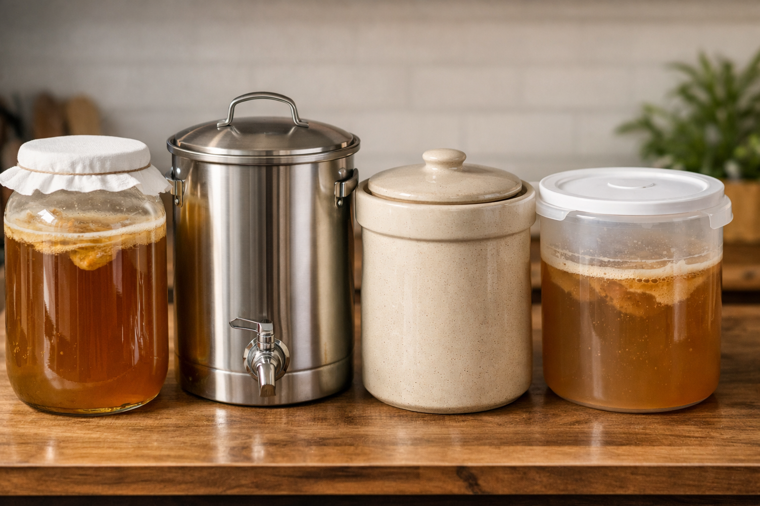 Glass jar, stainless steel vessel, ceramic crock, and plastic container shown side by side for kombucha brewing