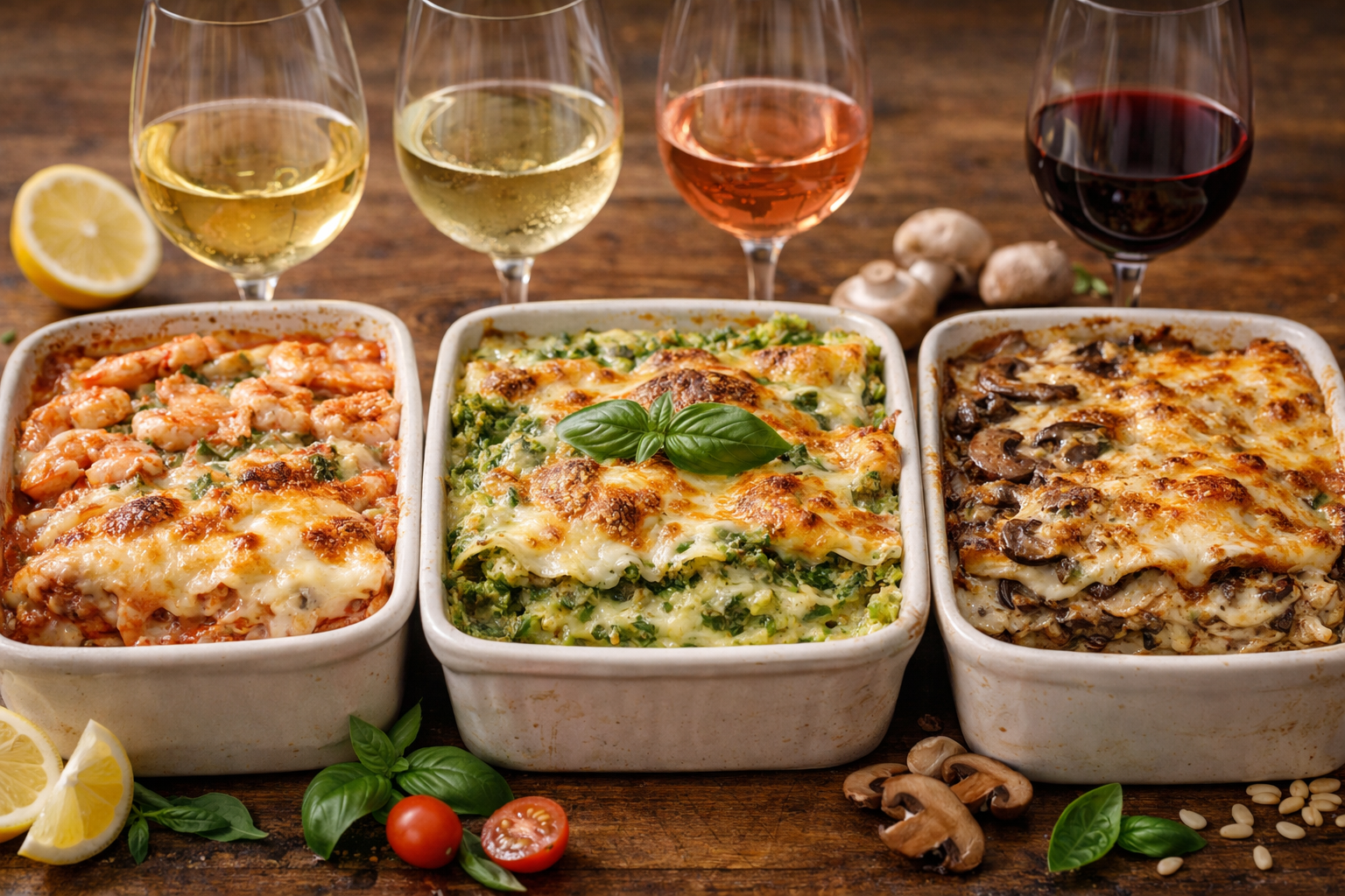 Collage of white, vegetable, pesto, mushroom, and seafood lasagna with matching white, rose, sparkling, and Pinot Noir wines