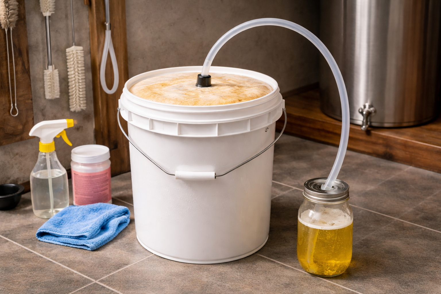 Mead fermentation vessel set up with airlock, blowoff tube, and clean workspace