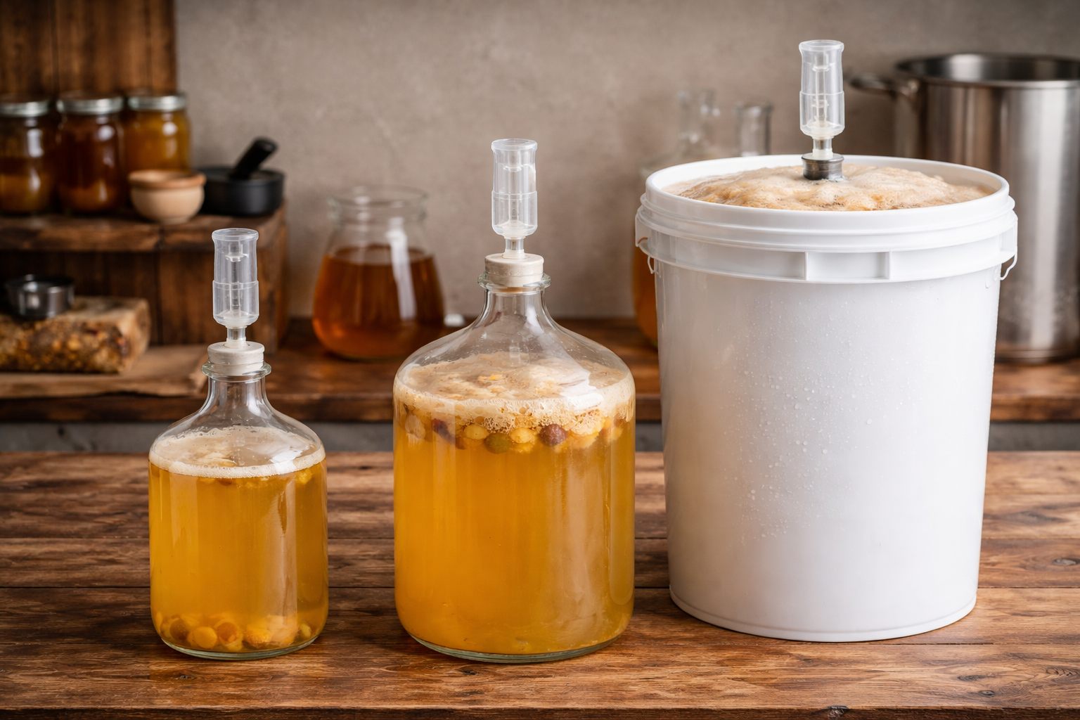 Different mead fermenter sizes showing headspace for 1 gallon, 3 gallon, and 5 gallon batches