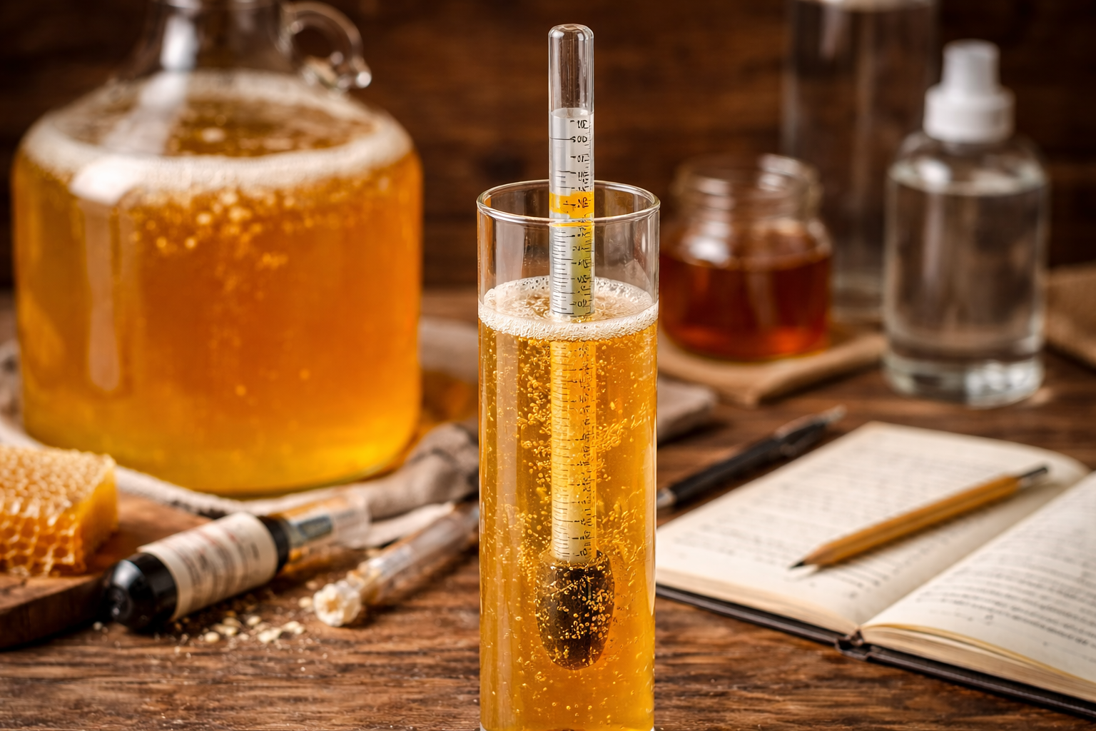 Hydrometer floating in mead must to check specific gravity during fermentation