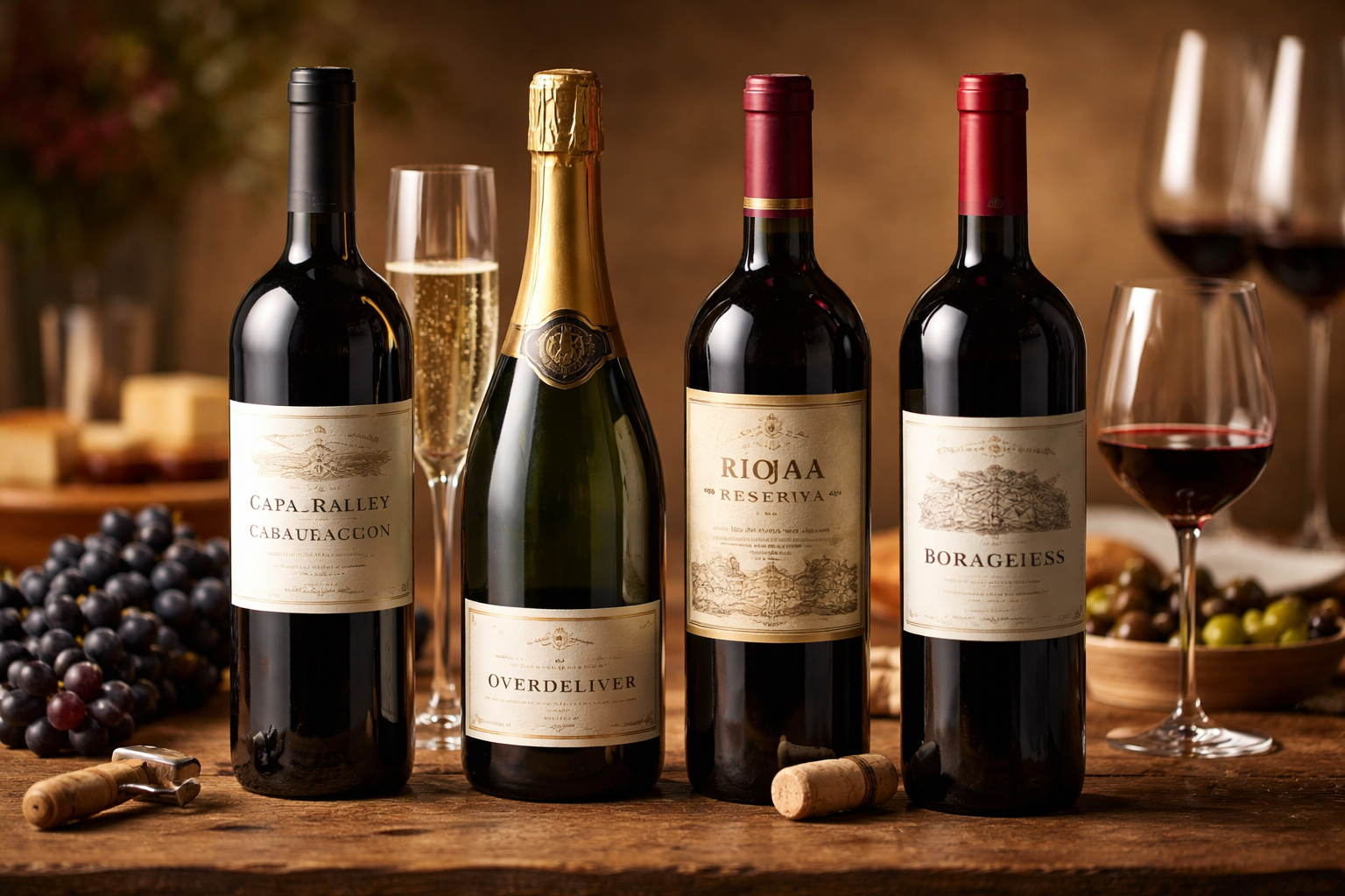 Four premium wine styles around the $100 range shown side by side, including red wine and Champagne