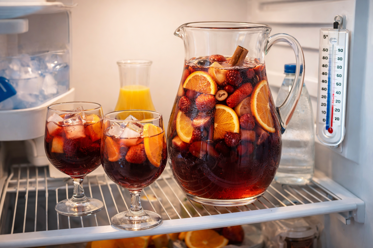 Chilled red sangria pitcher resting in the fridge with fruit and serving glasses