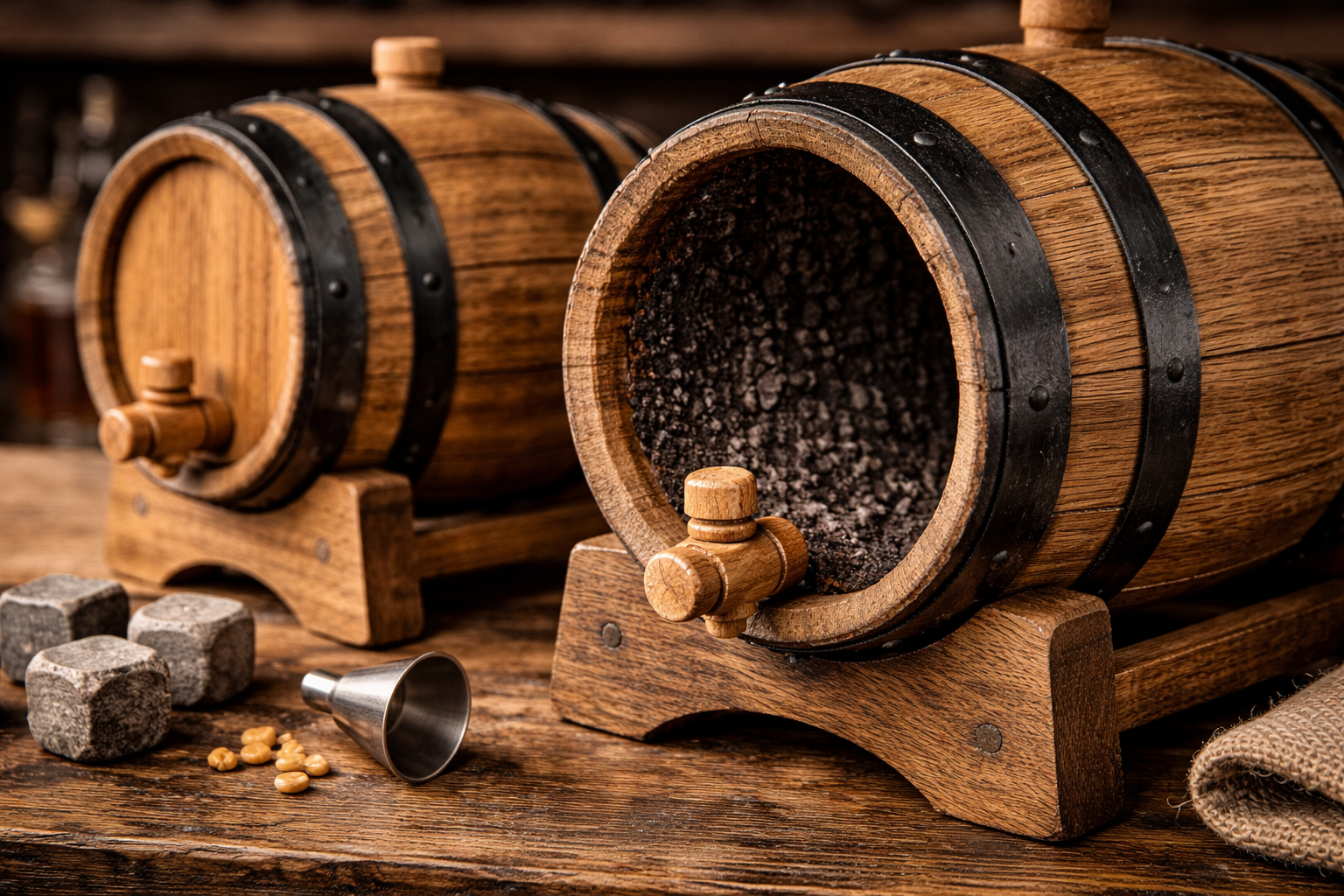 Close-up of a mini oak whiskey barrel showing charred interior, metal hoops, wood grain, and spigot