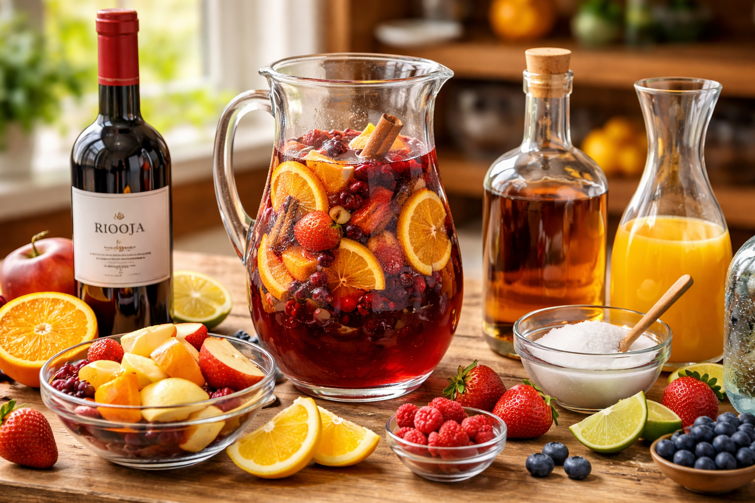 Red sangria ingredients and pitcher setup with fruit, wine, and mixers