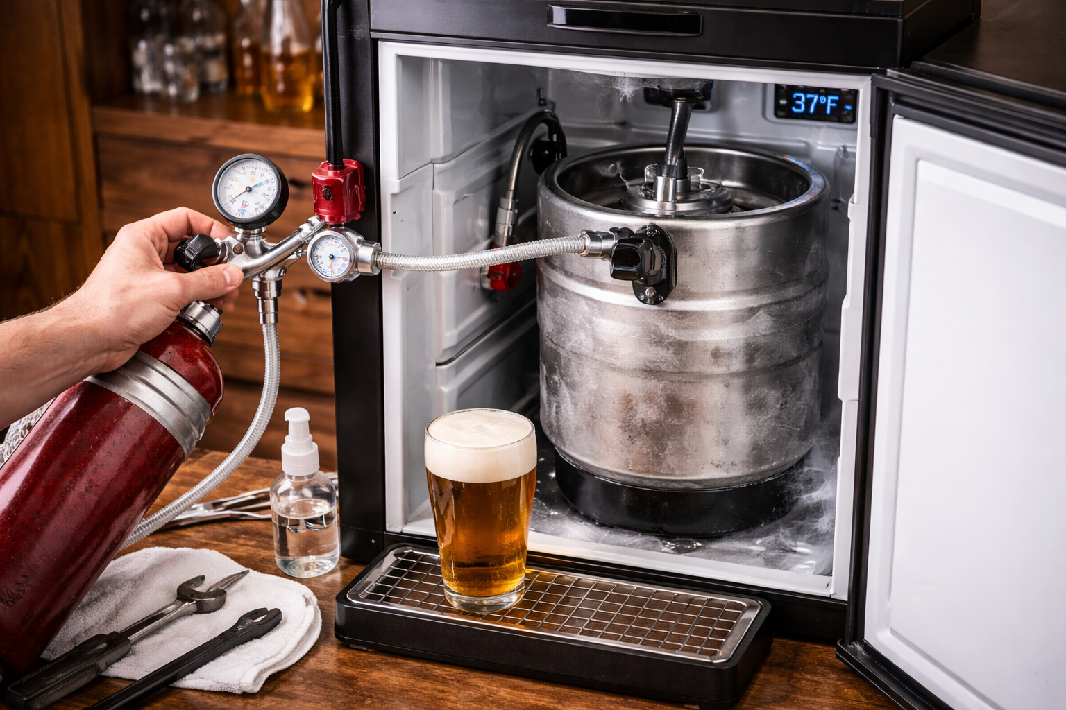 Beer kegerator setup with keg, CO2 tank, regulator, and tap lines ready for the first pour