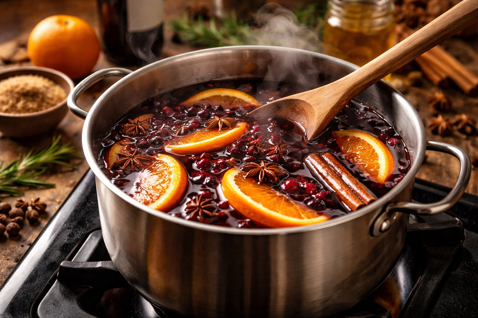 Mulled wine warming gently on low heat with spices, citrus peel, and a small test cup