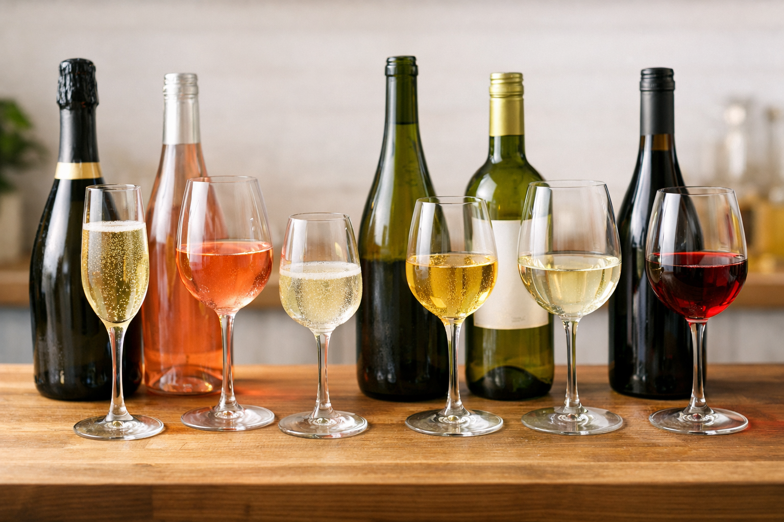 Side-by-side lineup of Prosecco, dry rose, Moscato d'Asti, Riesling, Sauvignon Blanc, and Pinot Noir glasses and bottles