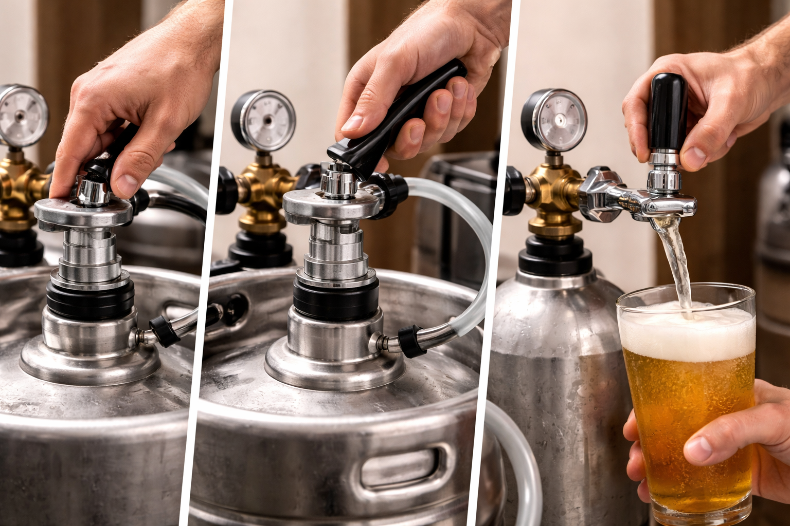Keg being tapped in the correct order with coupler locked, CO2 connected, and faucet pouring beer