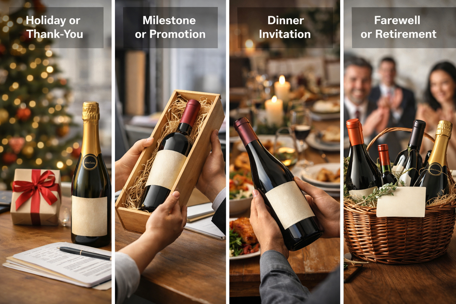 Visual guide to the best wine gift choices for holidays, promotions, dinners, retirements, and shipped gifts