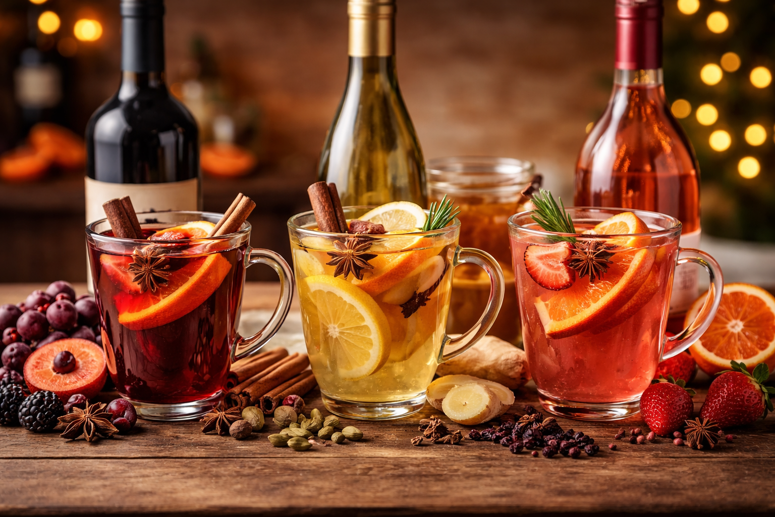 Side by side red, white, and rose mulled wine in warm mugs with spices and citrus