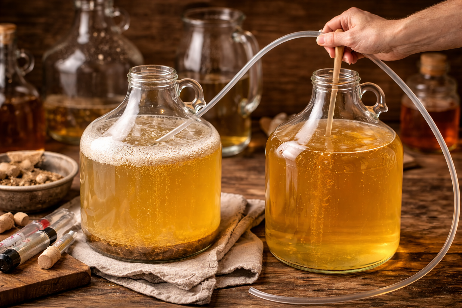 Clear mead being siphoned off sediment from one glass fermenter into another