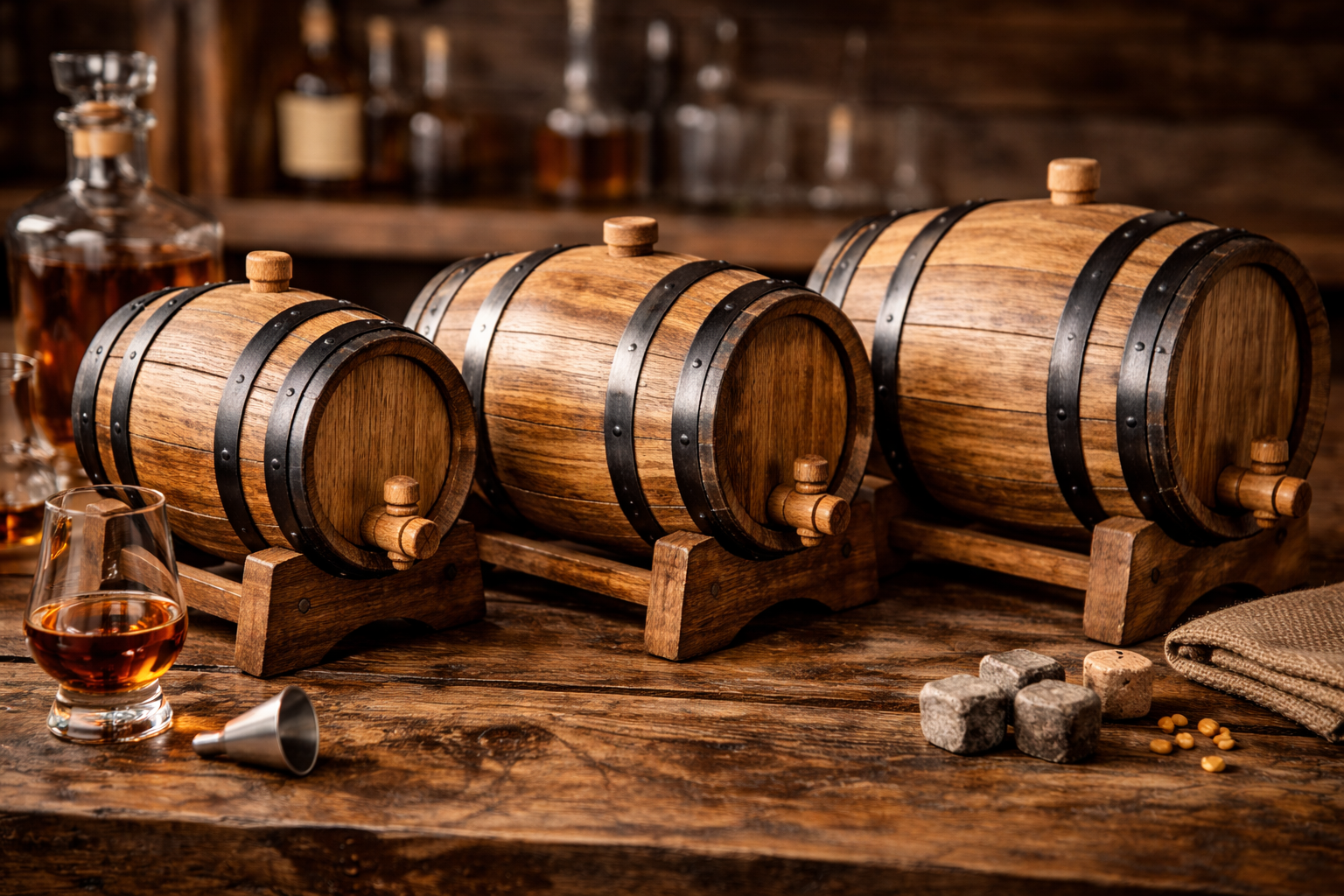 Side-by-side mini whiskey barrels in 1L, 2L to 3L, and 5L sizes on a table
