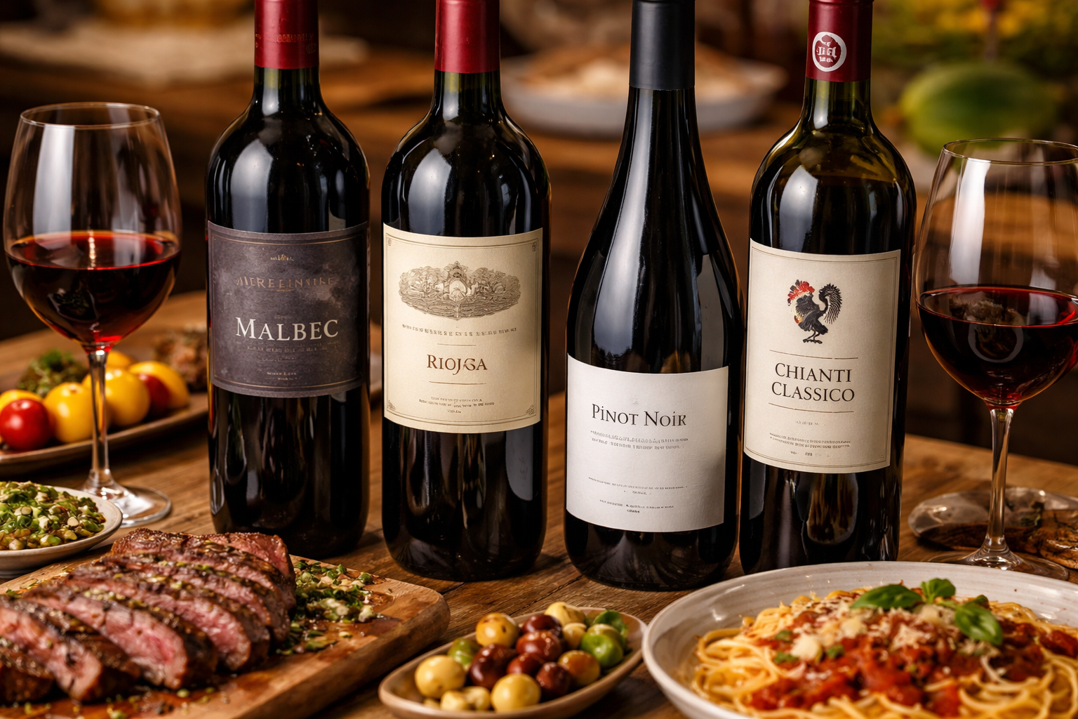 Three red wine styles under 50 dollars shown side by side with glasses and dinner pairings