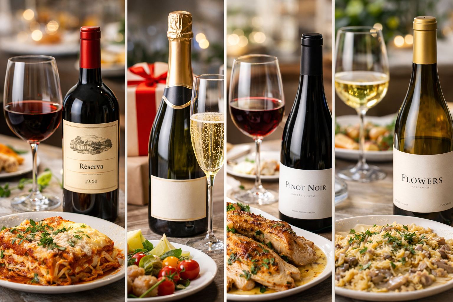 Wine bottle styled for three uses: dinner pairing, gift presentation, and celebration with sparkling glasses