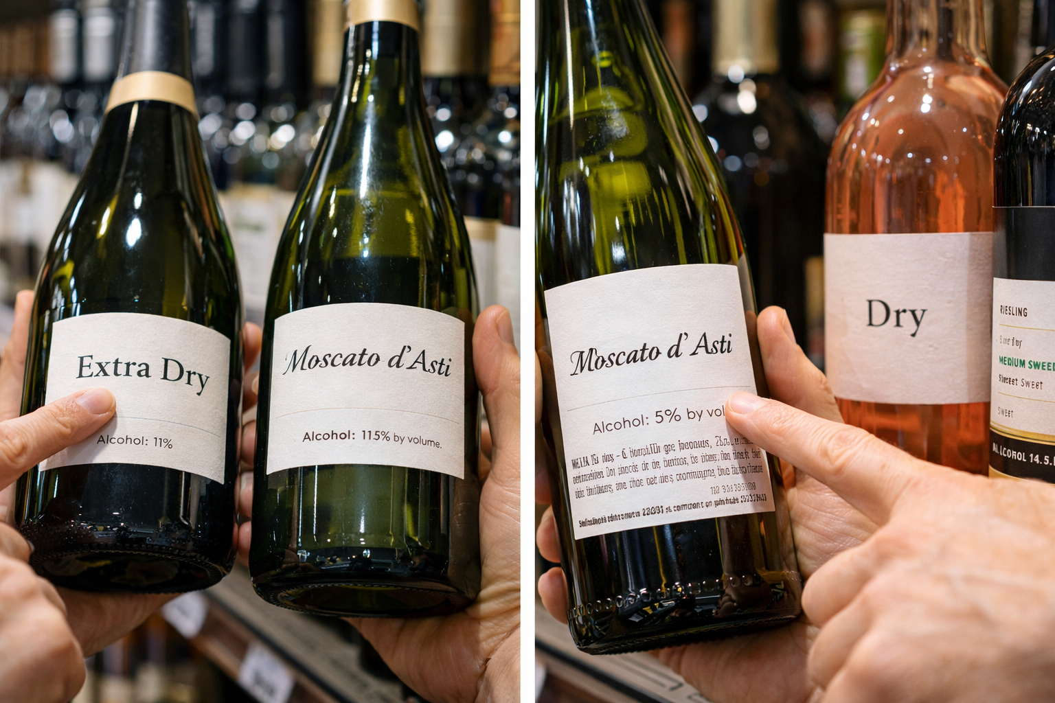 Annotated wine bottles and labels highlighting Brut, Extra Dry, Moscato d'Asti, rose style cues, and ABV percentages