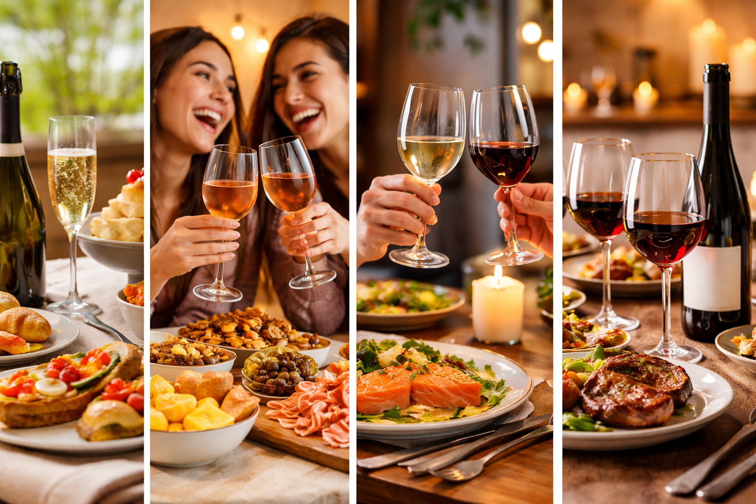 Four occasion-based wine scenes showing brunch, girls' night snacks, dinner date, and a mixed-group gathering