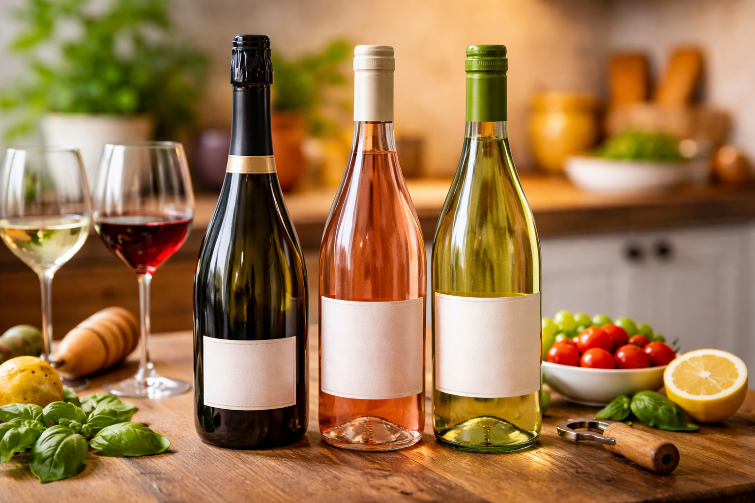 Simple three-bottle wine starter lineup with Prosecco, dry rose, and either Pinot Noir or Sauvignon Blanc on a table