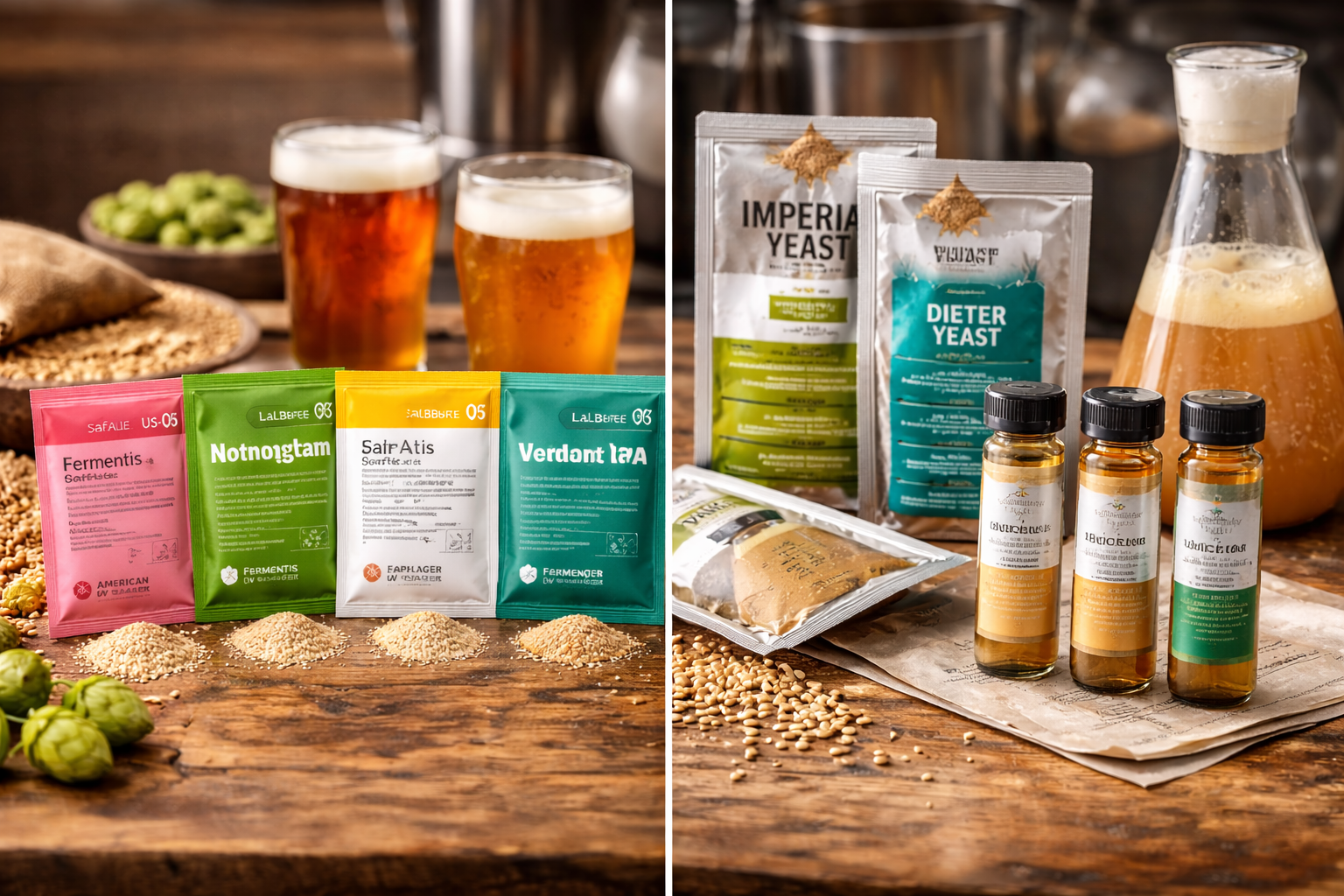 7 Best Yeast for Brewing Beer and How to Pick the Right One 3 Dry yeast packets and liquid yeast pouches shown side by side for homebrewing comparison