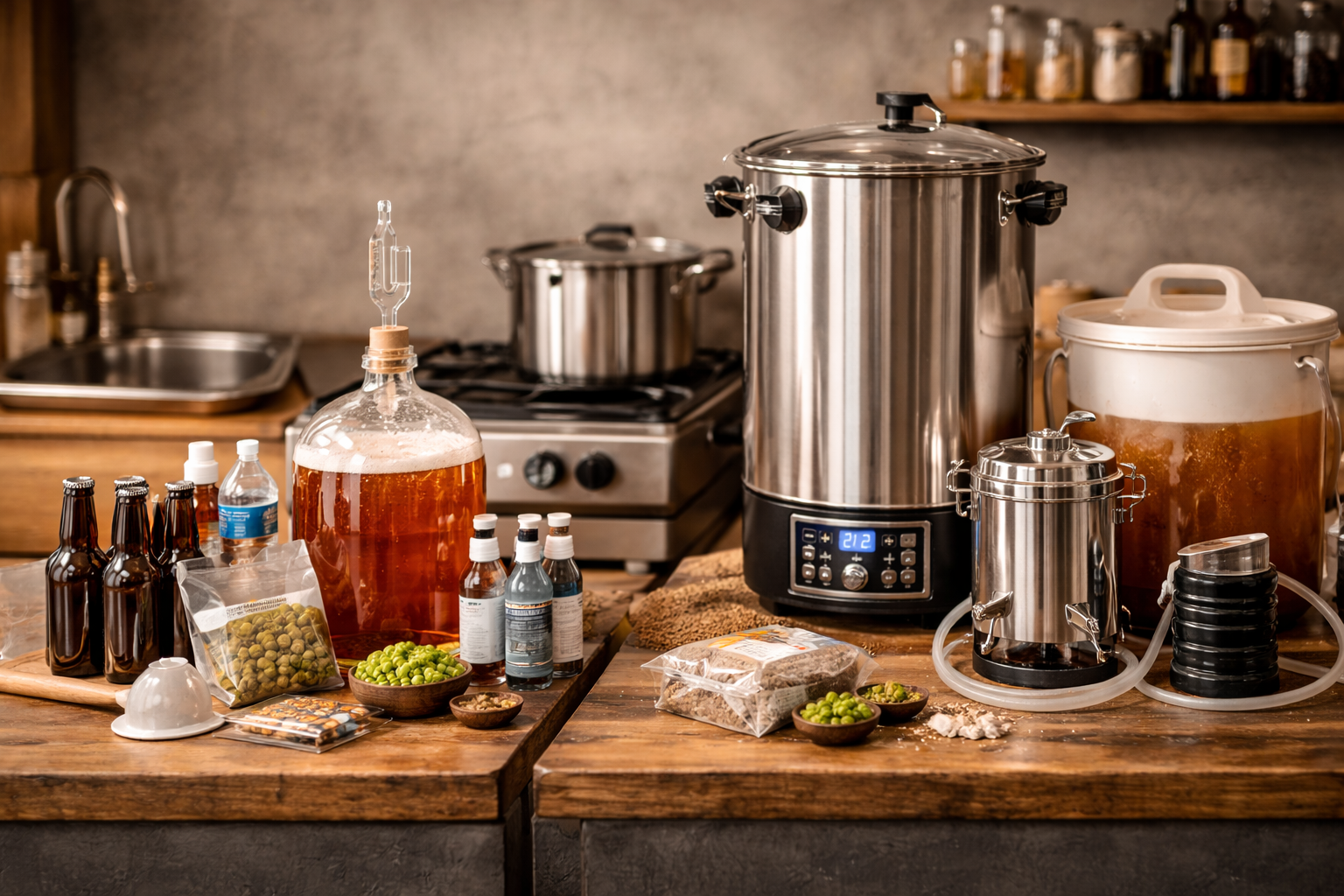 7 Best Home Brewing Systems That Actually Fit Your Brew Style 2 Comparison image showing 1-gallon and 5-gallon brewing setups with key homebrewing equipment and brewing methods