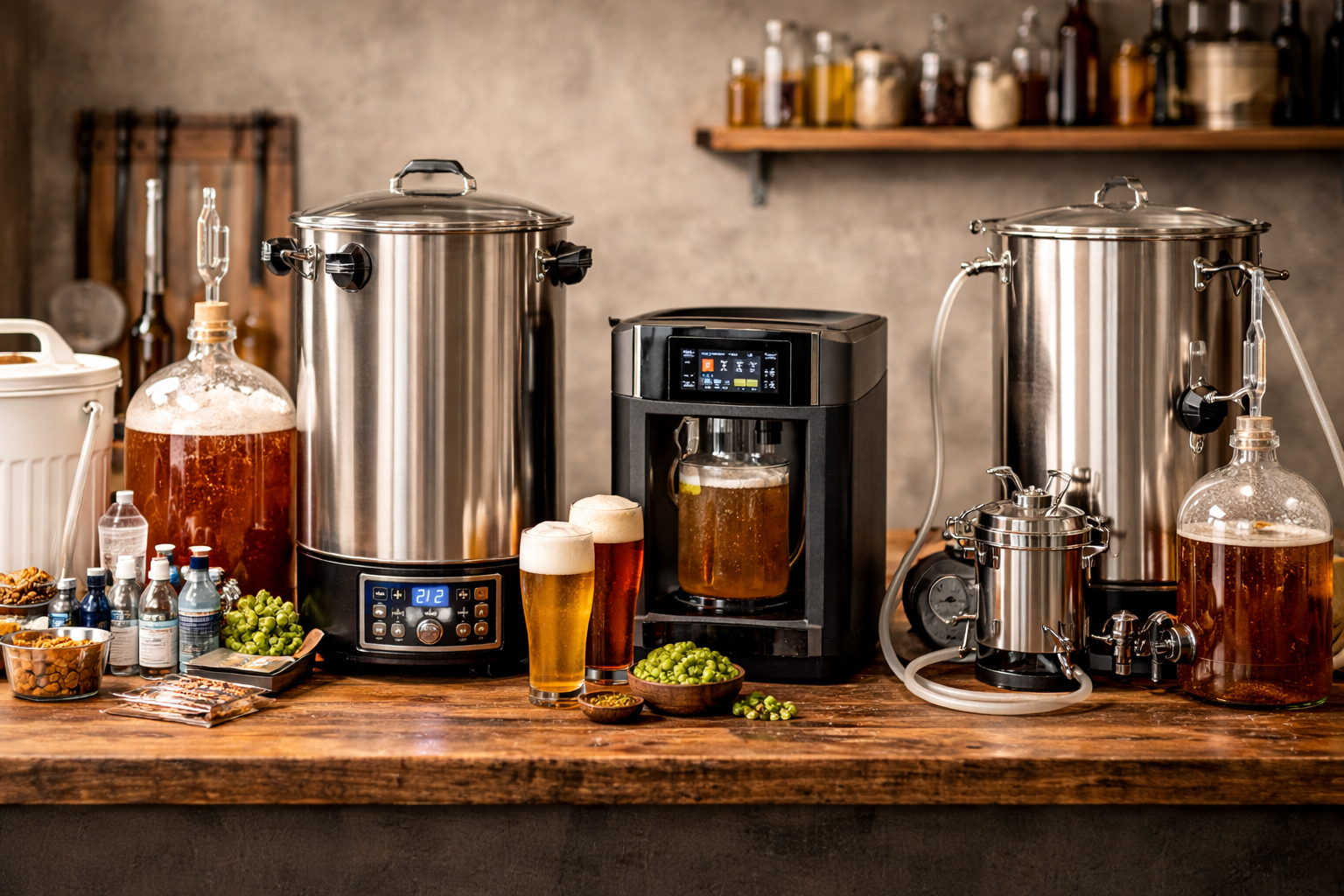 7 Best Home Brewing Systems That Actually Fit Your Brew Style 1 Side-by-side view of different home brewing system types including starter kit, all-in-one electric brewer, countertop brewer, and modular setup