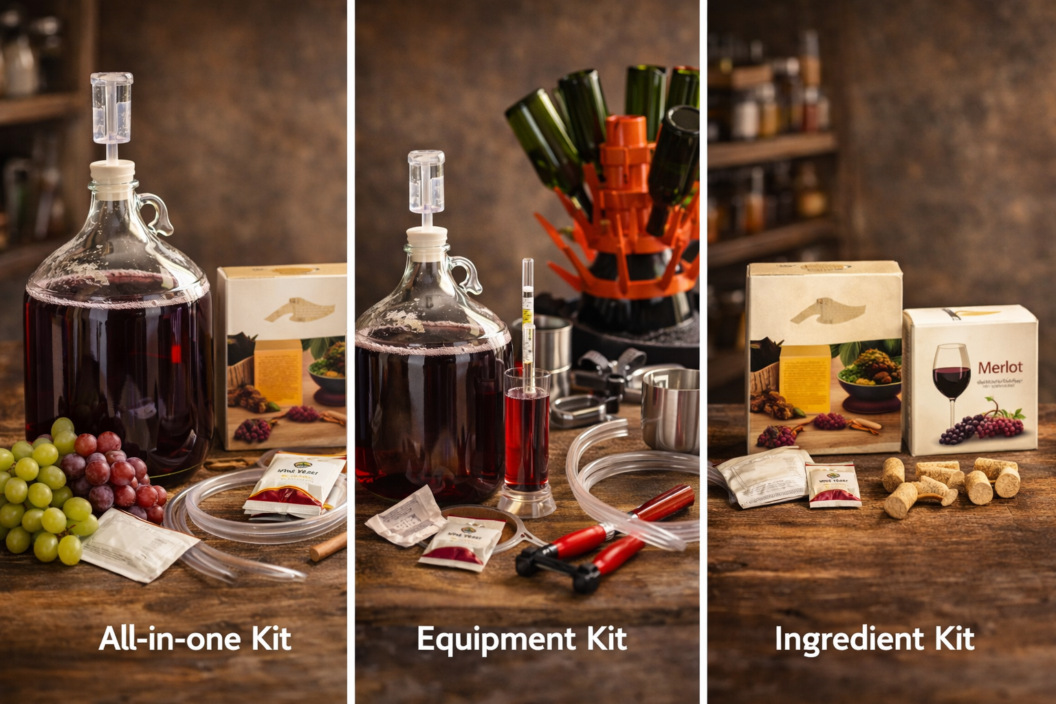 Comparison of all-in-one, equipment-only, and ingredient-only wine making kits