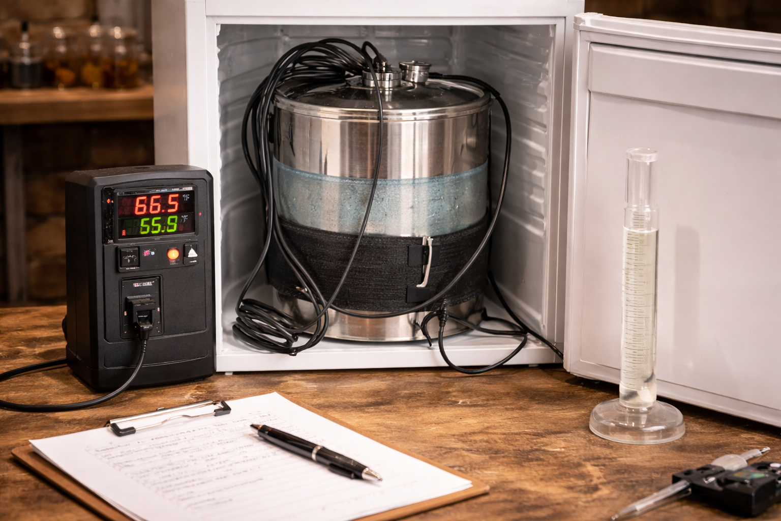 5 Best Temp Controllers for Brewing, Ranked by Setup Fit 4 Brewing temperature controller connected to a fermenter, heater, and fridge during setup testing