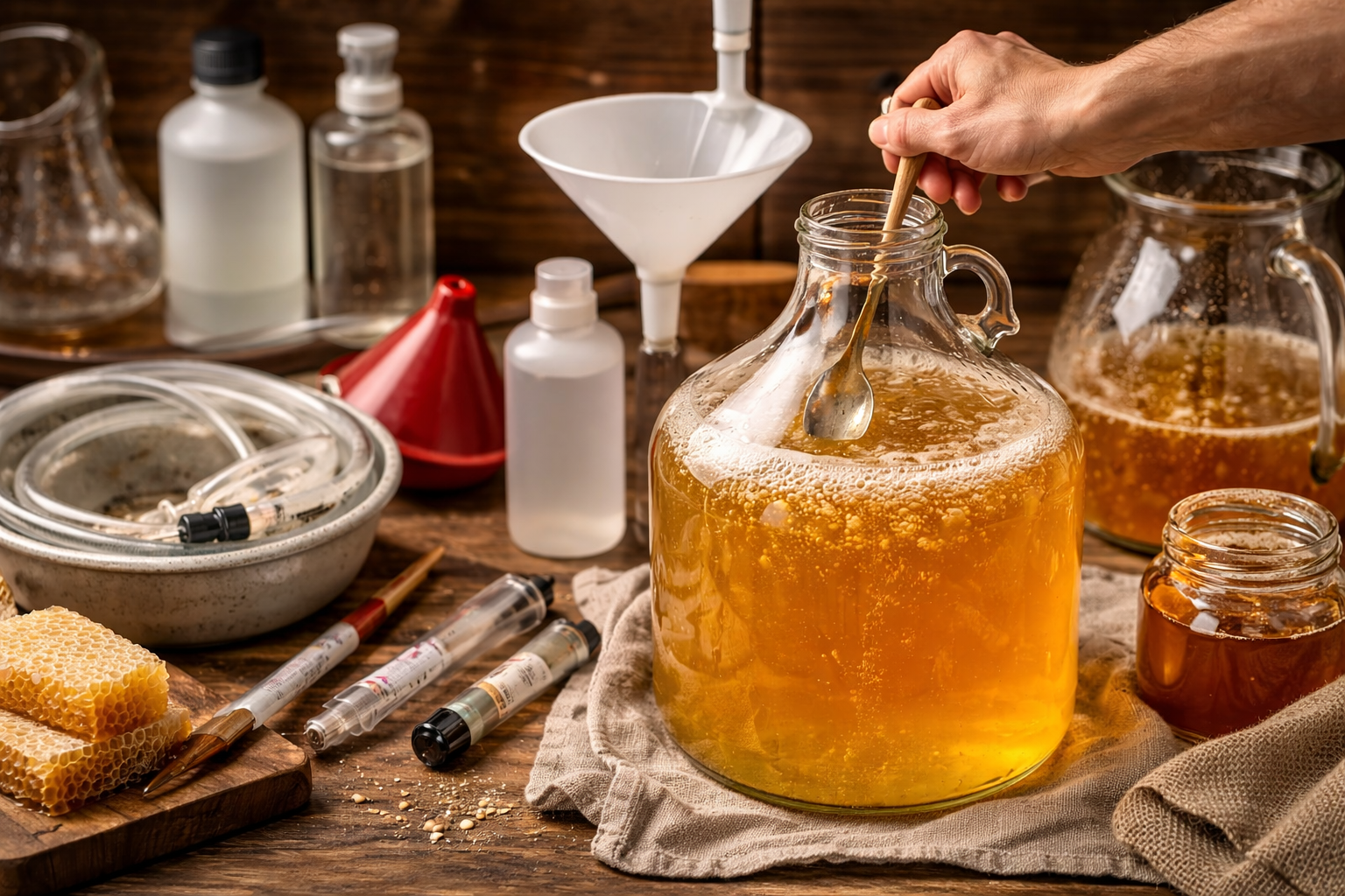 Sanitized mead-making equipment with honey being mixed into water in a fermenter