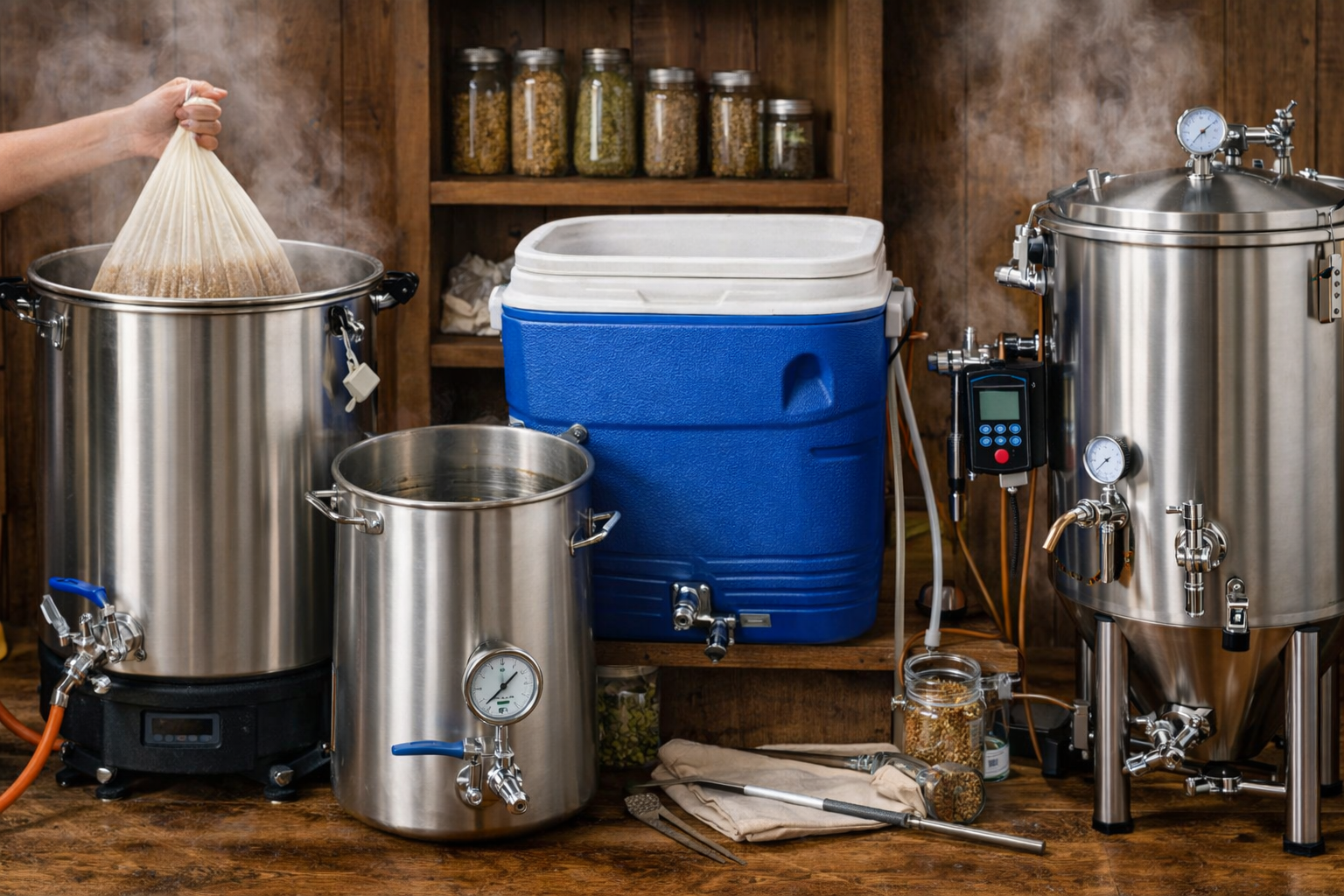Side-by-side all grain brewing setups showing BIAB, cooler mash tun, and all-in-one electric system