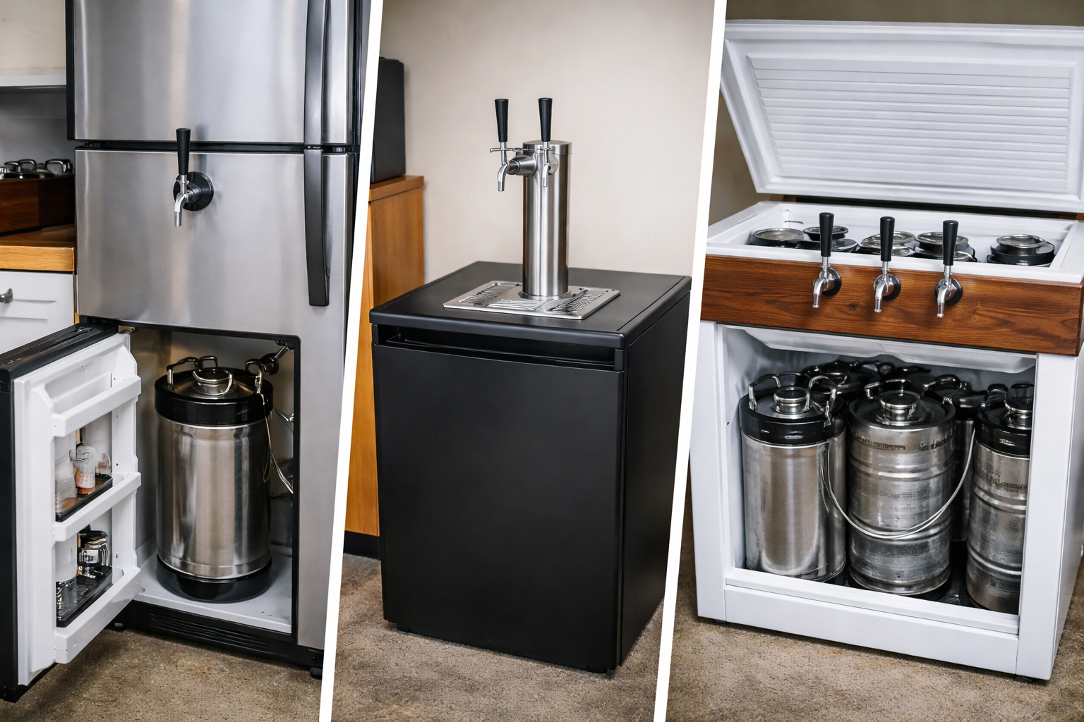 Comparison of kegerator tap locations: door mount, top beer tower, and keezer collar mount