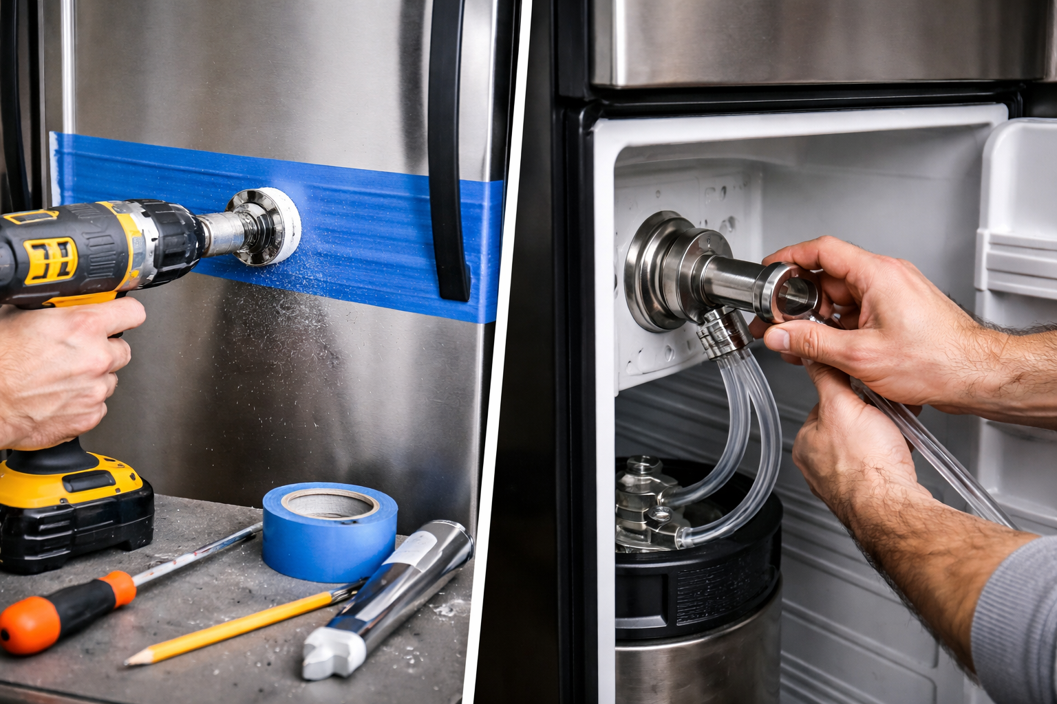 DIY kegerator fridge door marked for drilling with pilot hole, shank, and mounting tools