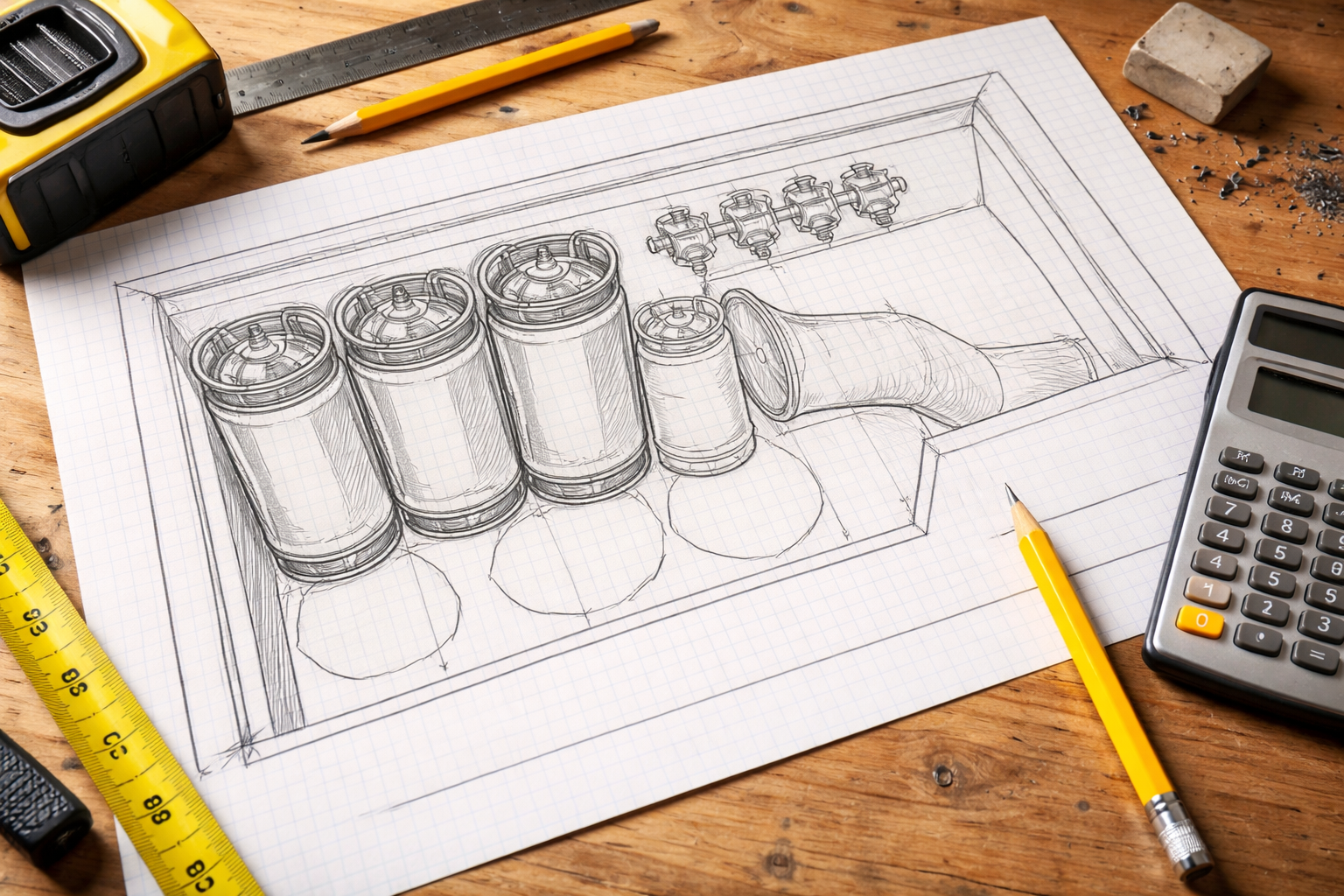 Top-down keezer planning diagram with kegs, CO2 tank, and tap spacing