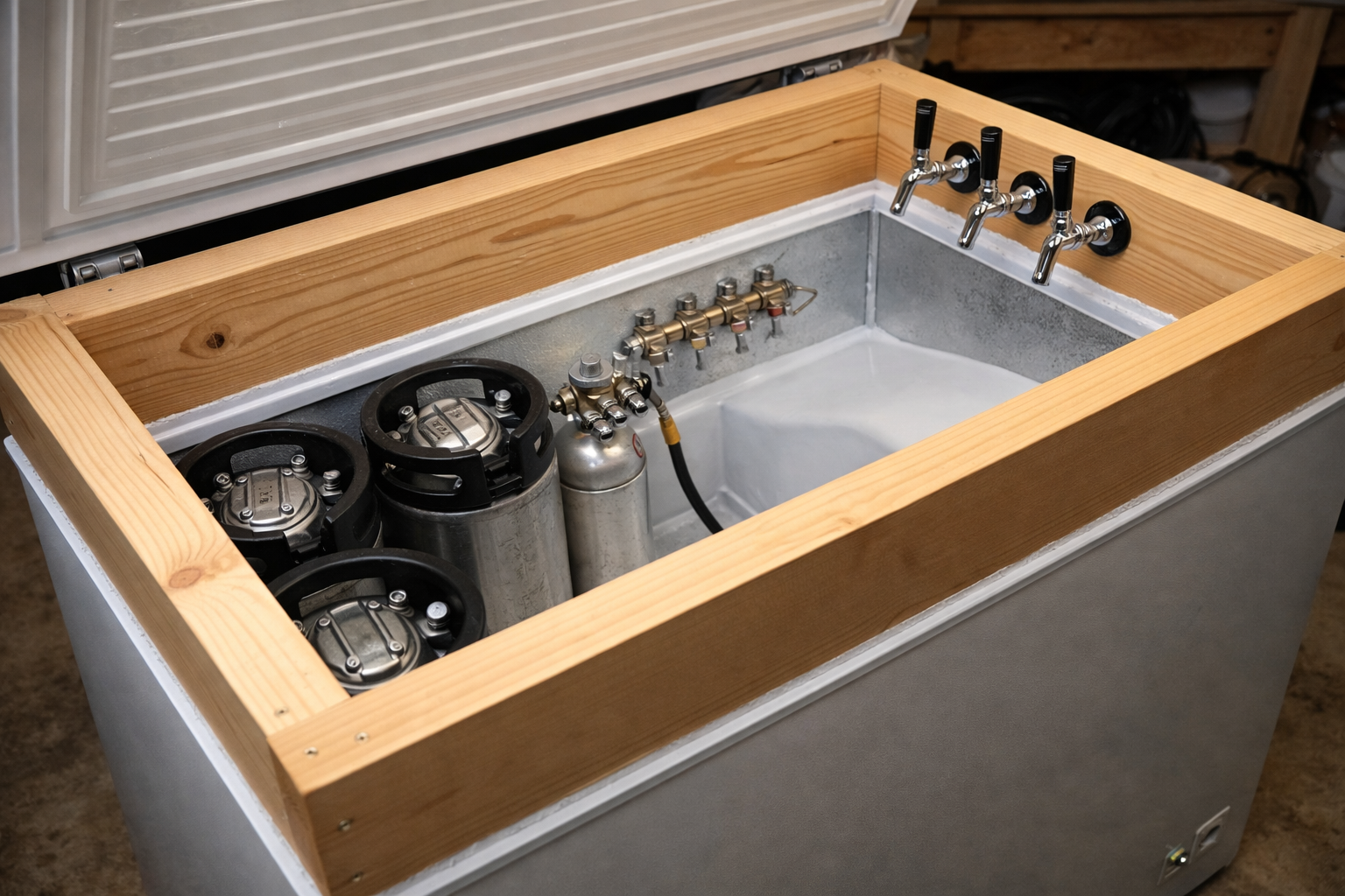 Wooden keezer collar mounted between chest freezer body and lid