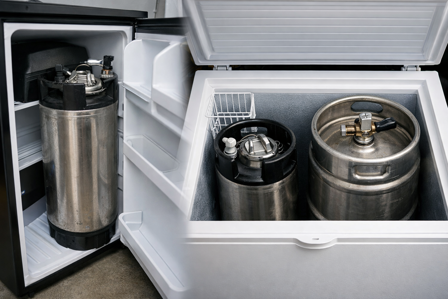 Mini fridge and chest freezer comparison showing keg fit, compressor hump, and coupler clearance