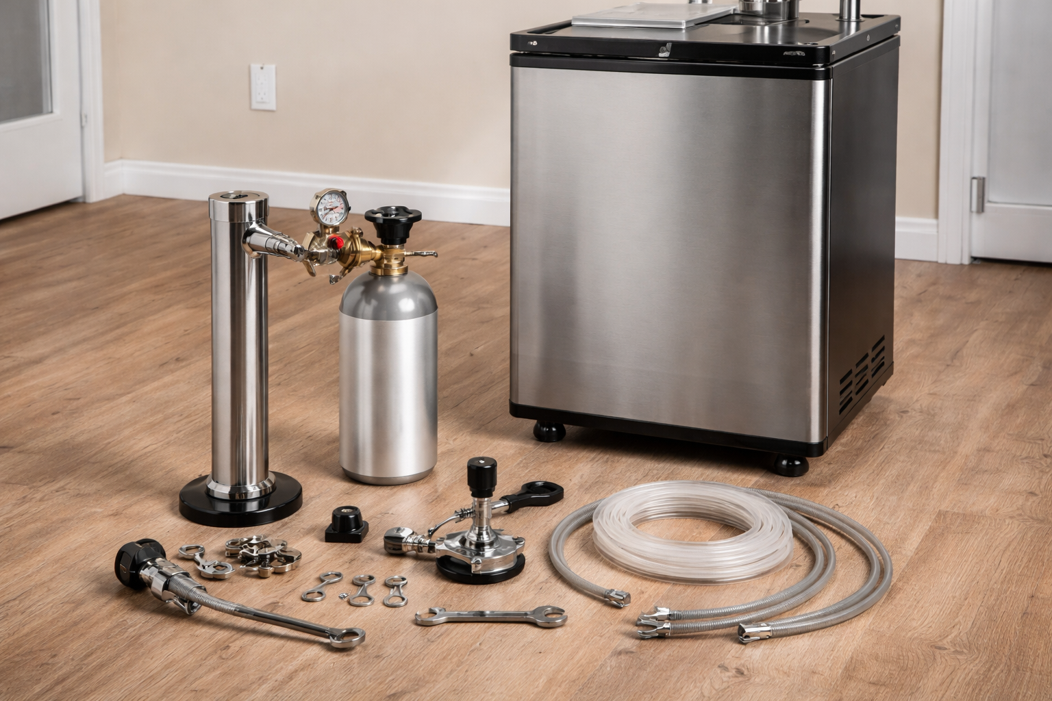 Kegerator parts laid out before setup including CO2 tank, regulator, coupler, lines, and tower