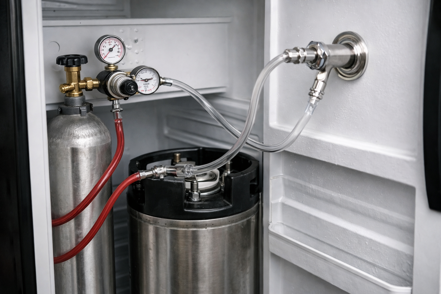 Kegerator interior showing CO2 tank, regulator, gas line, beer line, keg, and faucet connections