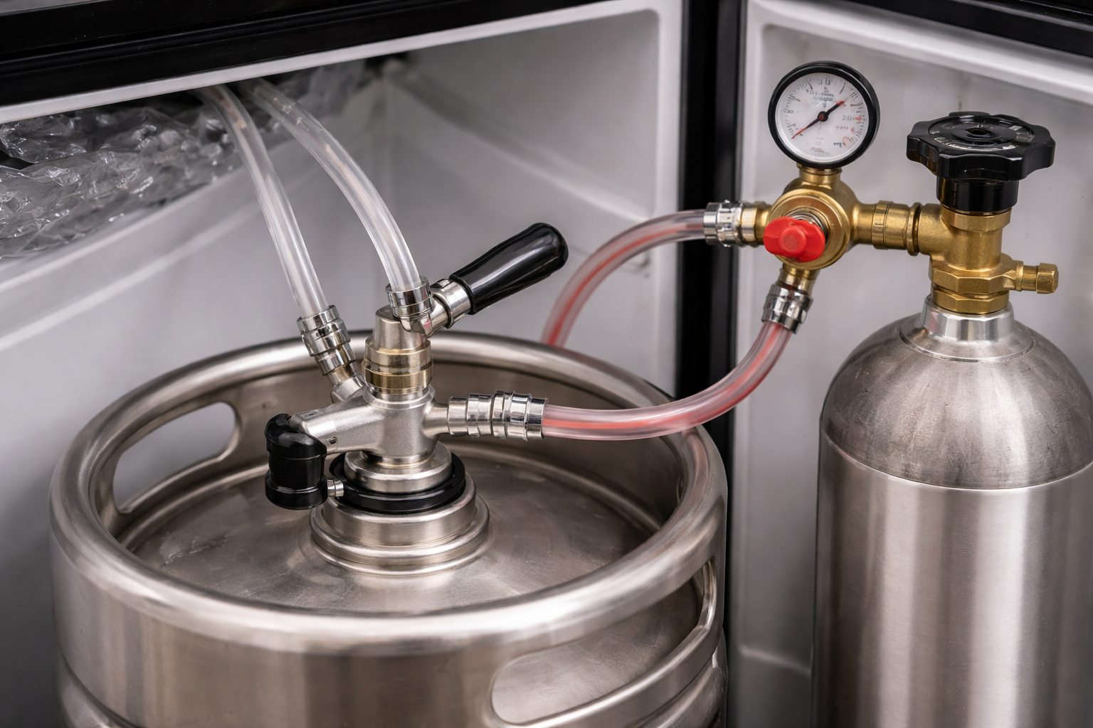 Kegerator gas line and beer line connected to CO2 regulator, keg coupler, and keg