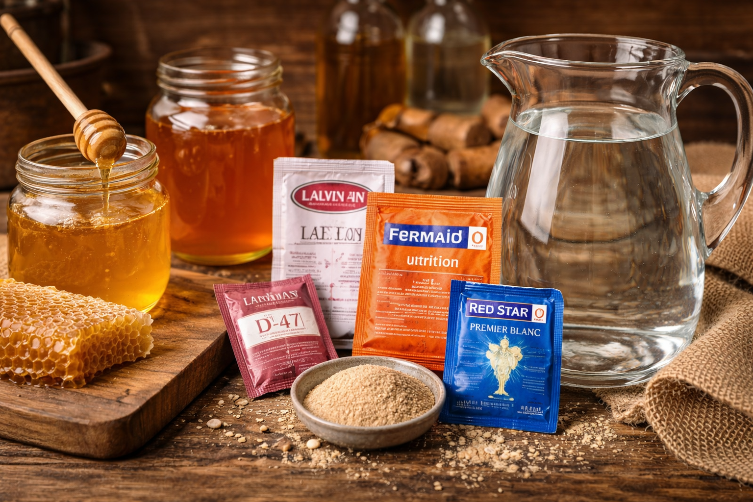 Jars of honey, wine yeast packets, and clean water set out for a beginner mead batch
