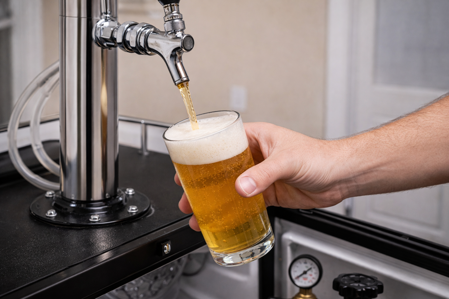 Finished kegerator setup with regulator, coupler, tubing connections, and a test pour at the tap