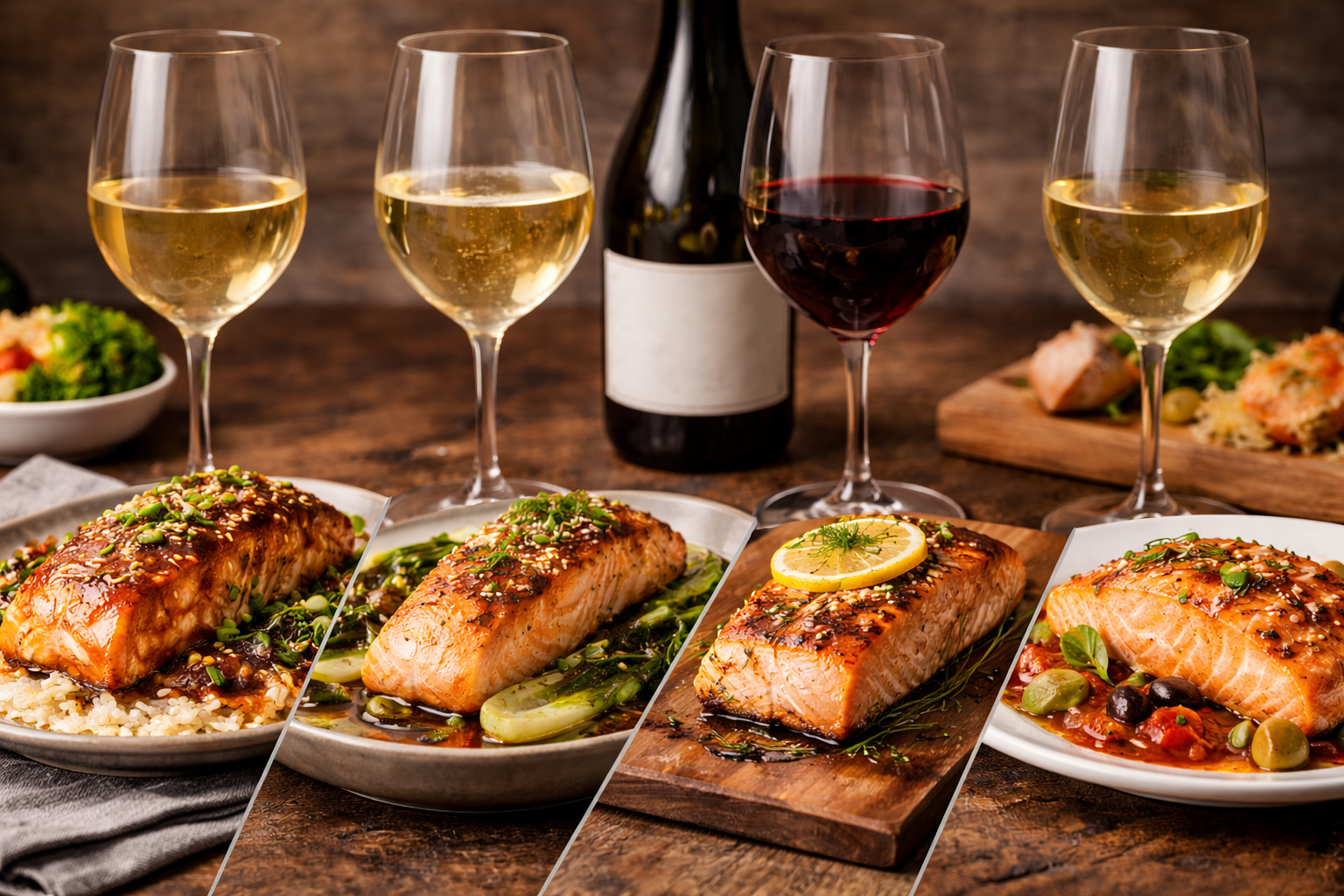 Different salmon dishes including glazed, miso, cedar-plank, and smoked salmon for wine pairing