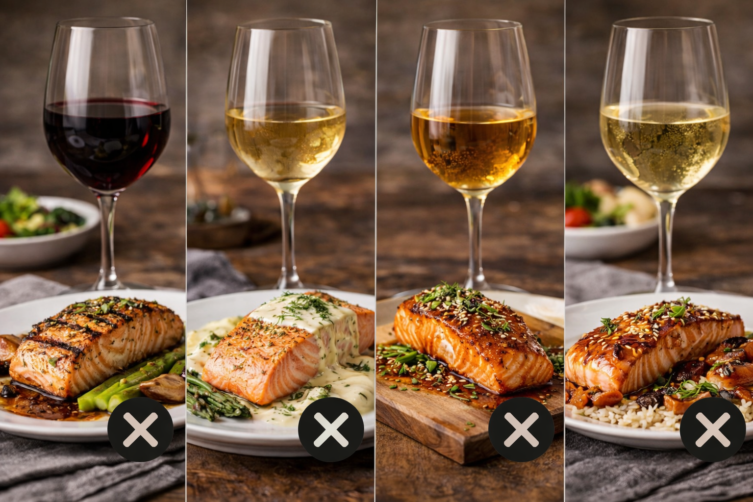 Examples of salmon paired with unsuitable wines such as bold red and heavily oaked white