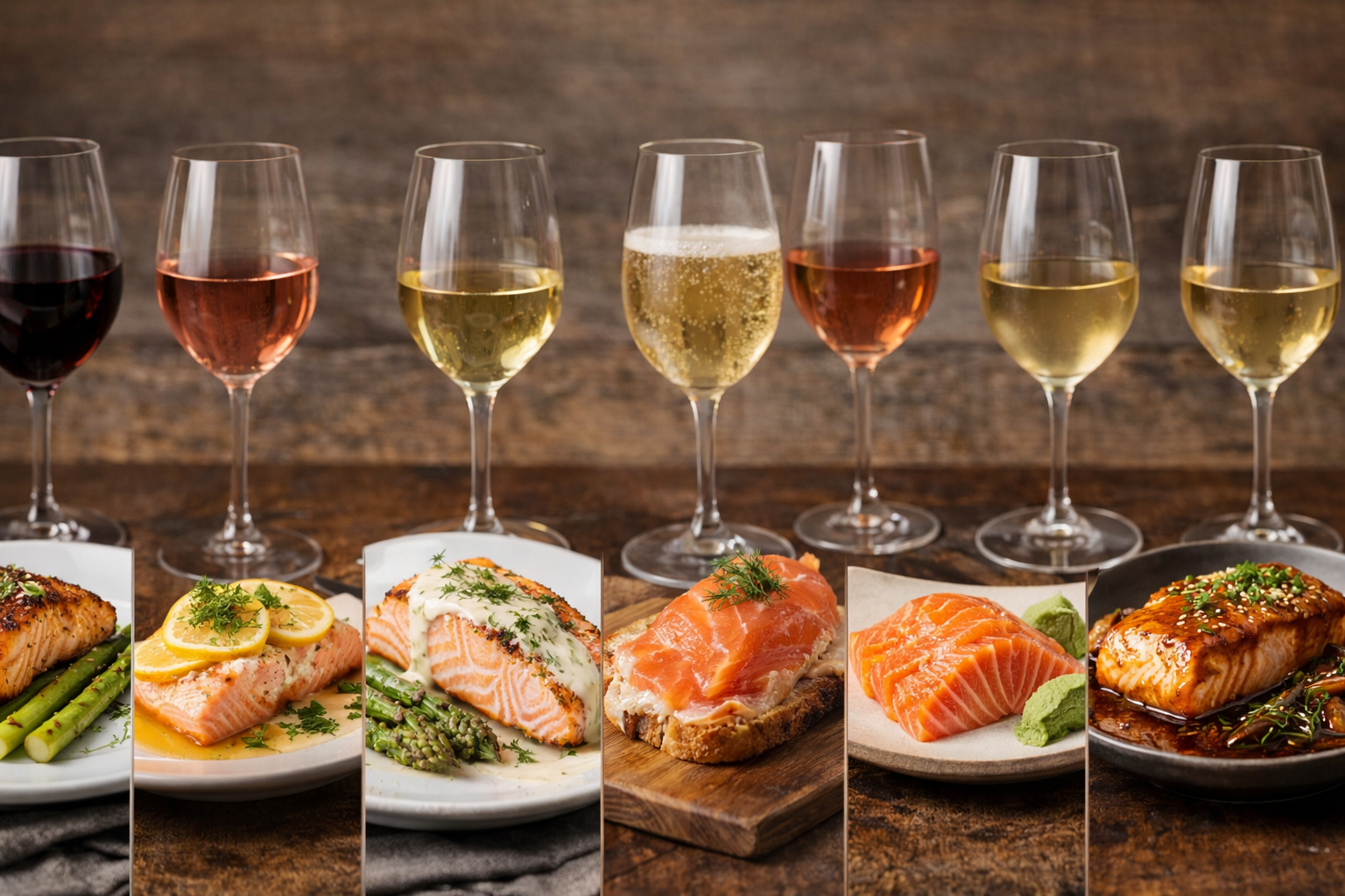 Comparison of grilled, baked, creamy, smoked, and raw salmon with matching wine styles