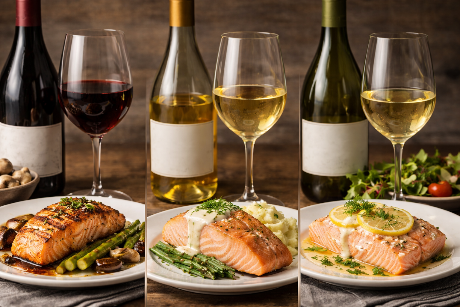 Pinot Noir, Chardonnay, and Sauvignon Blanc paired with different salmon preparations