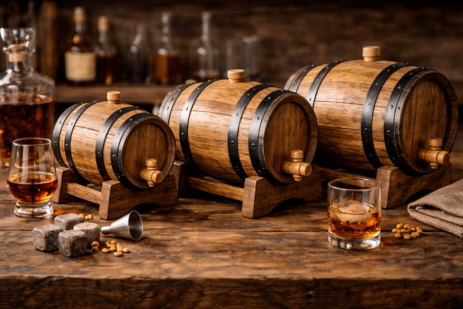 Three different mini whiskey aging barrels arranged together for comparison