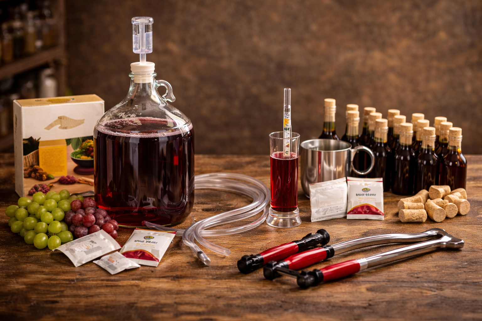 Beginner wine making kit tools laid out on a table including carboy, airlock, siphon, tubing, sanitizer, and hydrometer