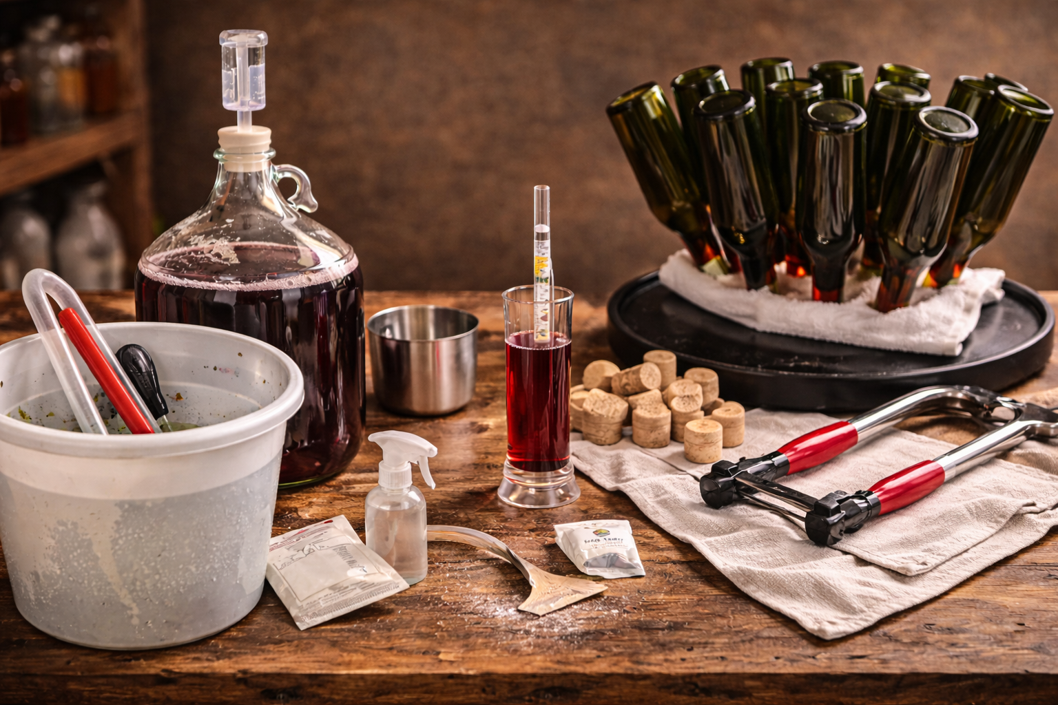 Home winemaking setup showing sanitized tools, hydrometer test jar, and clean bottles ready for bottling