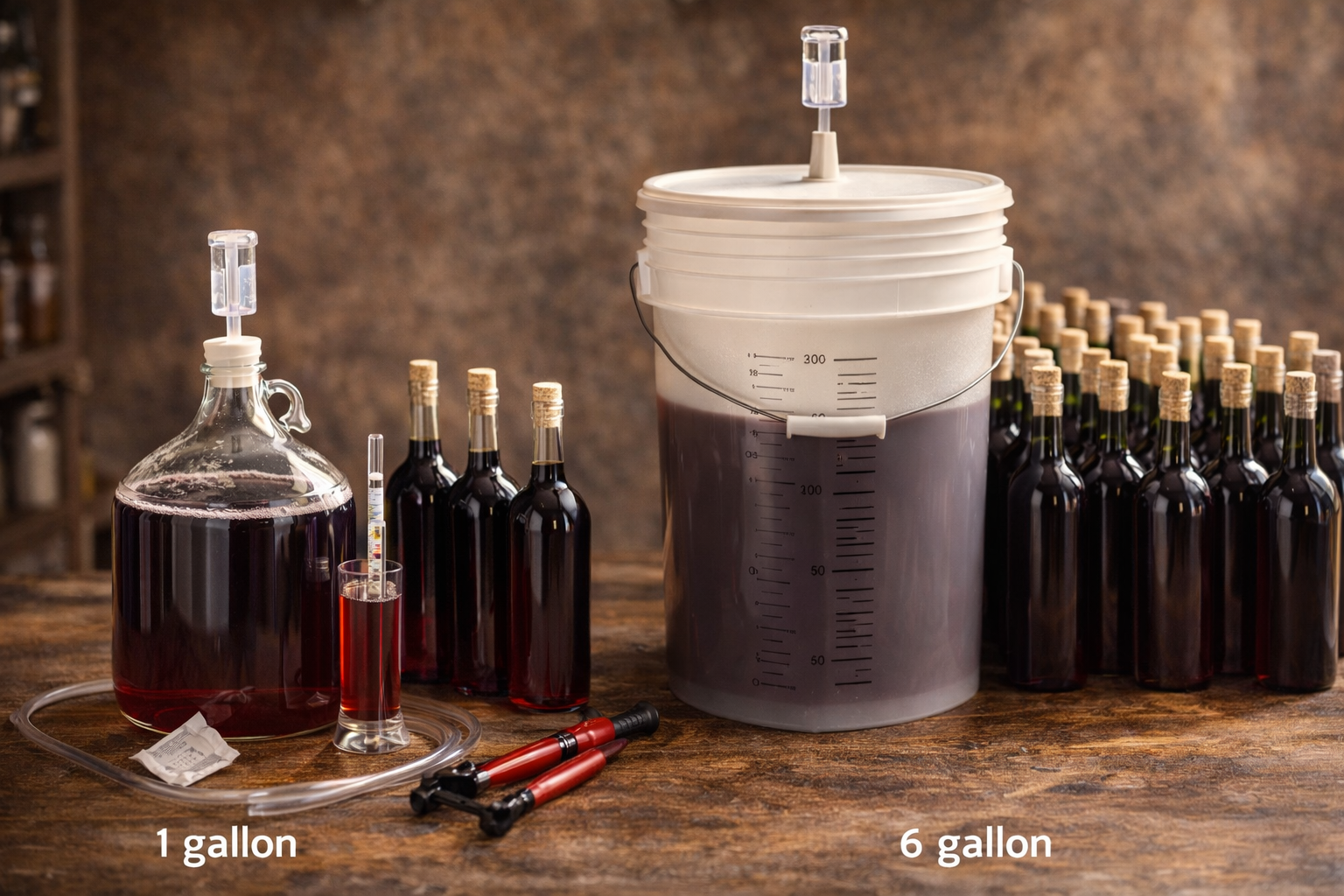 Side-by-side view of 1-gallon and 6-gallon beginner wine making setups with bottles